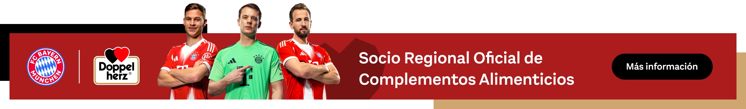 En primer plano aparecen tres jugadores del FC Bayern. Junto a ellos se encuentran los logotipos del FC Bayern Múnich y Doppelherz, así como el texto: "Socio regional oficial de suplementos alimenticios". Un botón negro contiene la frase "Más información".