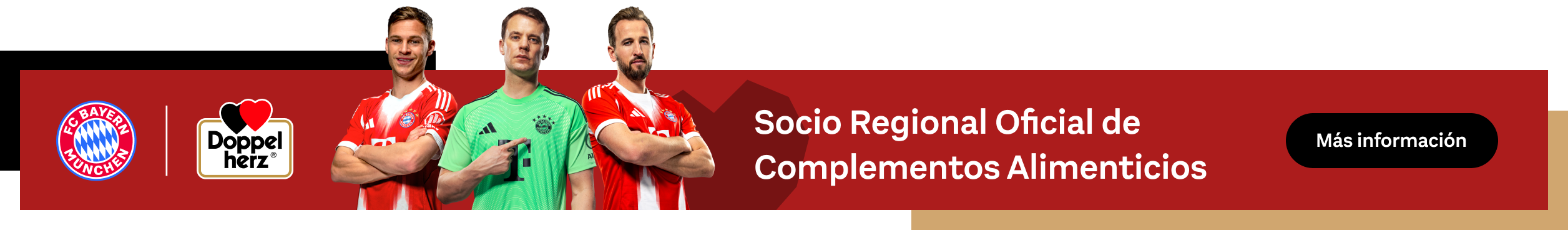 En primer plano aparecen tres jugadores del FC Bayern. Junto a ellos se encuentran los logotipos del FC Bayern Múnich y Doppelherz, así como el texto: "Socio regional oficial de suplementos alimenticios". Un botón negro contiene la frase "Más información".