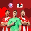 Tres jugadores del FC Bayern Múnich están de pie frente a un fondo rojo con formas geométricas de corazones. De izquierda a derecha: Harry Kane, Jamal Musiala y Manuel Neuer. Sobre ellos se encuentran el logo del FC Bayern Múnich y el logo de Doppelherz, lo que indica una colaboración entre marcas.