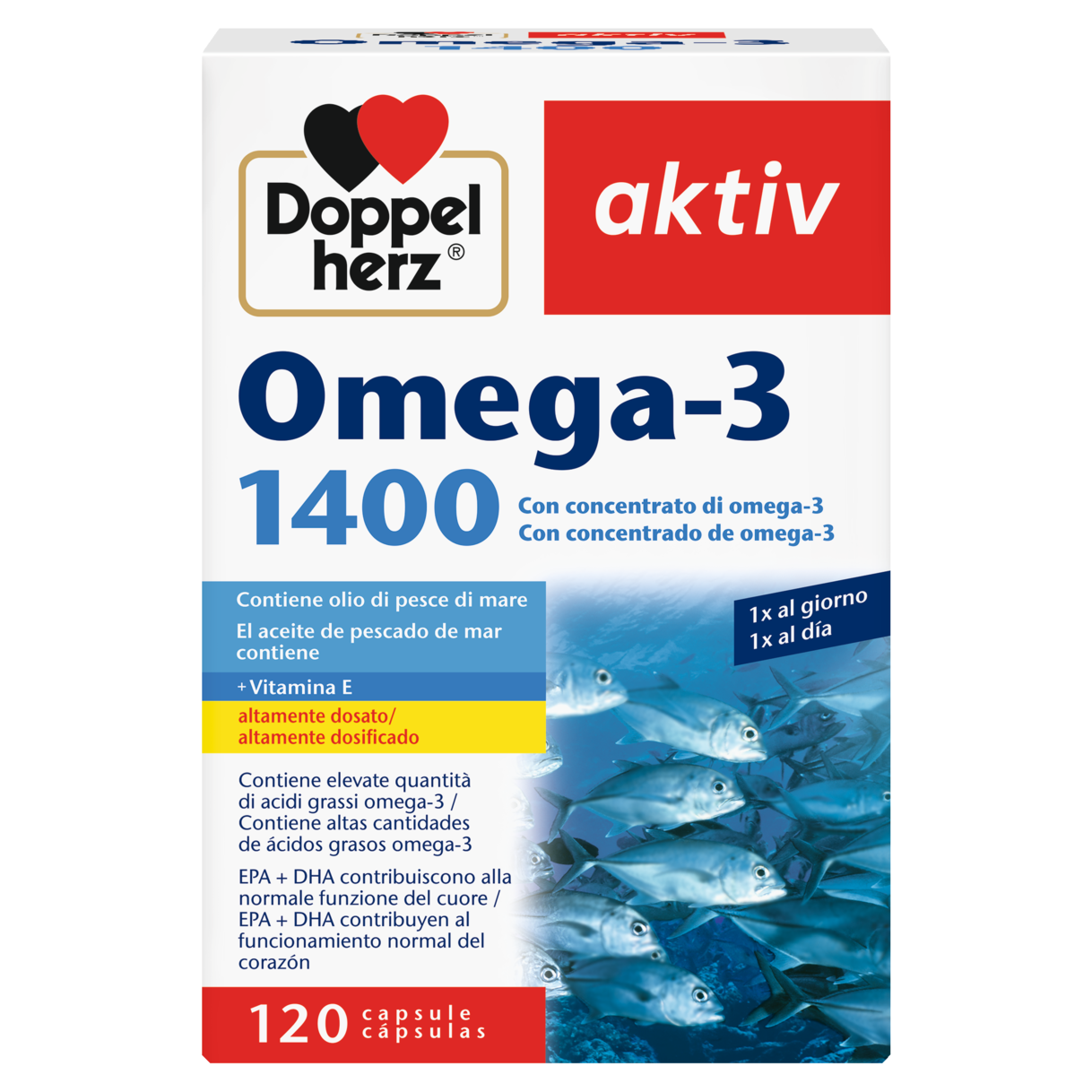 Illustration of the product packaging Doppelherz aktiv Omega-3 1400 front view