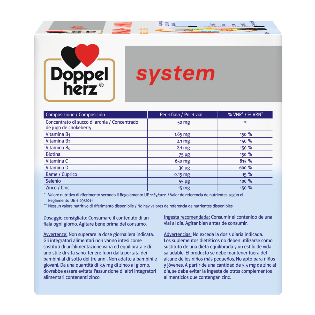 Illustration of the product packaging Doppelherz system IMMUN + ARONIA side view left