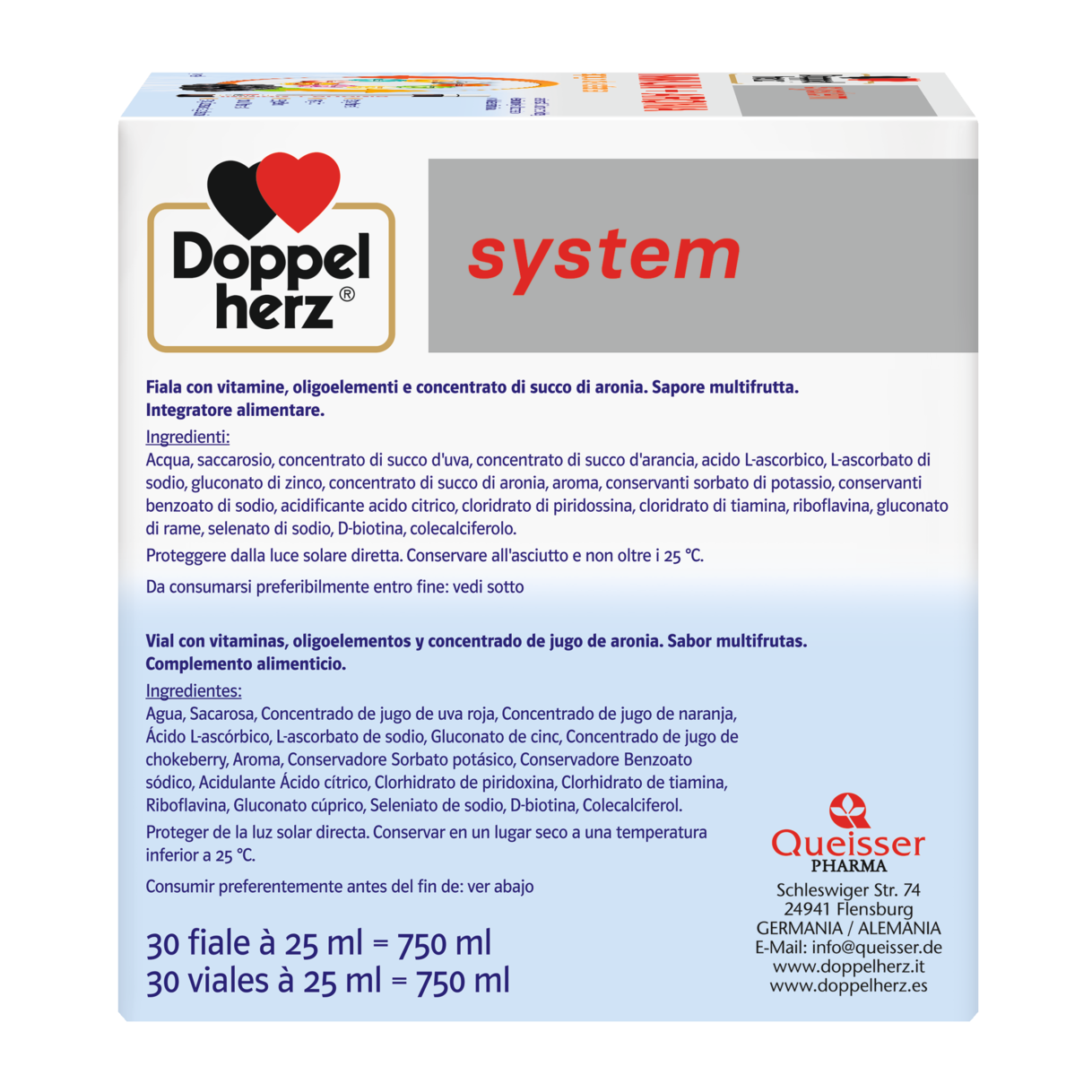 Illustration of the product packaging Doppelherz system IMMUN + ARONIA side view right