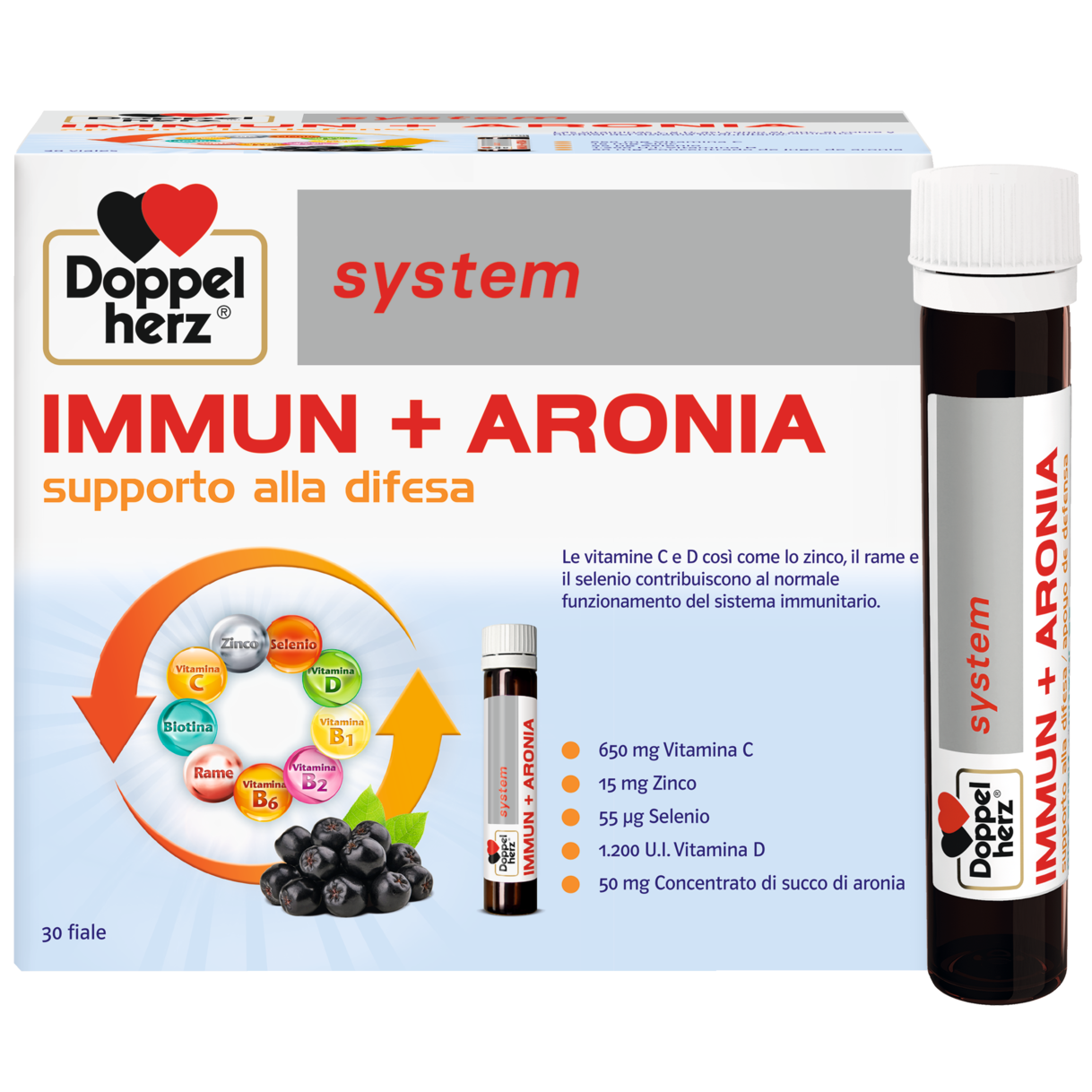 Illustration of the product packaging Doppelherz system IMMUN + ARONIA front view
